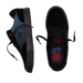 A side and top view of blue and black FAllen footwear The Goat shoe with text on side FF and text on insole Blood Wizard.