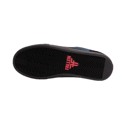 Bottom view of Fallen footwear The Goat dark brown gum sole with red text Fallen FF.