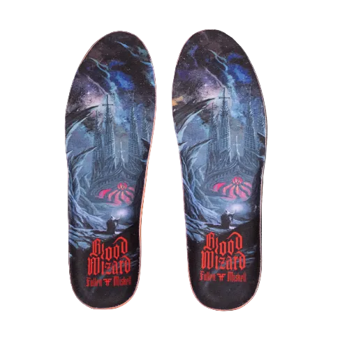 Insoles of Fallen footwear blood wizard collab with scene of castle and wizard with text Blood Wizard Fallen FF Miskell. 