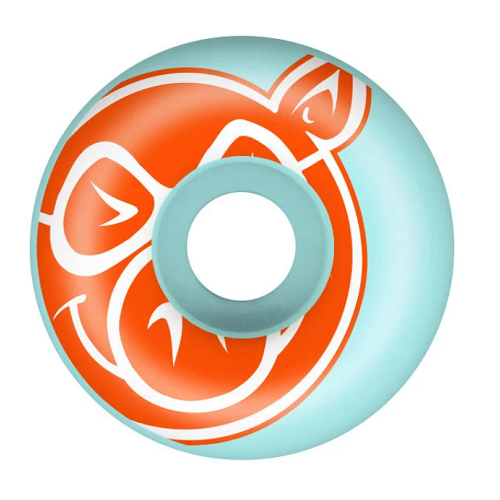 Front of a blue Pig skateboard wheel featuring a large orange and white pig head. 