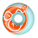 Front of a blue Pig skateboard wheel featuring a large orange and white pig head. 