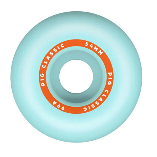 Back of a blue Pig skateboard wheel featuring a orange ring with text Pig Classic 52mm 99a.