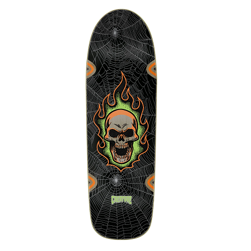 A black Creature skateboard featuring skull surrounded by flames on a background of spider webs. 