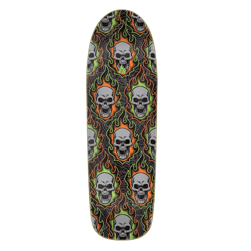 Top of a black creature skateboard with a repeating graphic of a skull surrounded by flames on a background of spider webs.