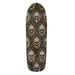 Top of a black creature skateboard with a repeating graphic of a skull surrounded by flames on a background of spider webs.
