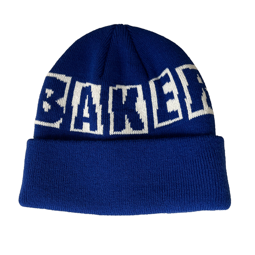 A blue beanie sock hat with a Baker blocks logo on a white background. 