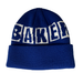 A blue beanie sock hat with a Baker blocks logo on a white background. 