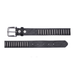 Black leather belt with a comb-like buckle on a white background