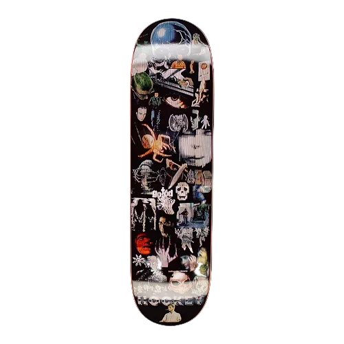 A black Hockey skateboard with a collage of several items including spiders, faces, hands, skulls, eyes and many other items. 