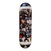 A black Hockey skateboard with a collage of several items including spiders, faces, hands, skulls, eyes and many other items. 
