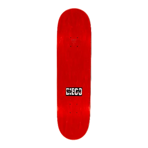 Top of a Hockey skateboard in red stain with the text Diego on a white background. 