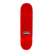 Top of a Hockey skateboard in red stain with the text Diego on a white background. 