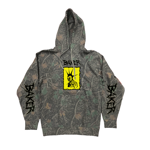 A camouflage hoodie featuring a yellow square graphic on the chest with a punk rocker with liberty spikes with the word 'BAKER above it and BAKER down the sleeves.