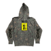 A camouflage hoodie featuring a yellow square graphic on the chest with a punk rocker with liberty spikes with the word 'BAKER above it and BAKER down the sleeves.