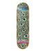 A gold Heroin Skateboard featuring lots of eyeballs and the text Heroin Childress. 