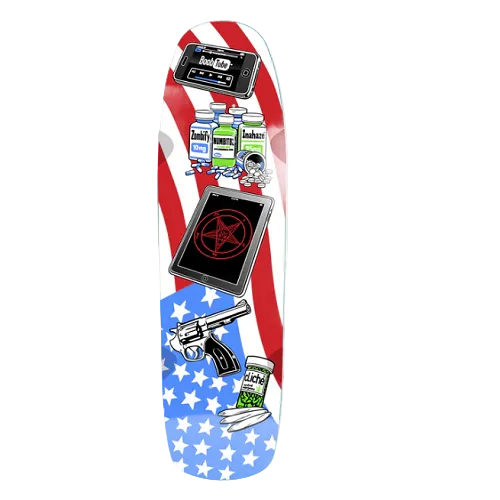 Skateboard deck with American flag design and various graphic elements on a white background