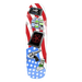 Skateboard deck with American flag design and various graphic elements on a white background