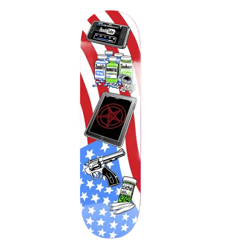 Skateboard deck with American flag design and various graphic elements on a white background