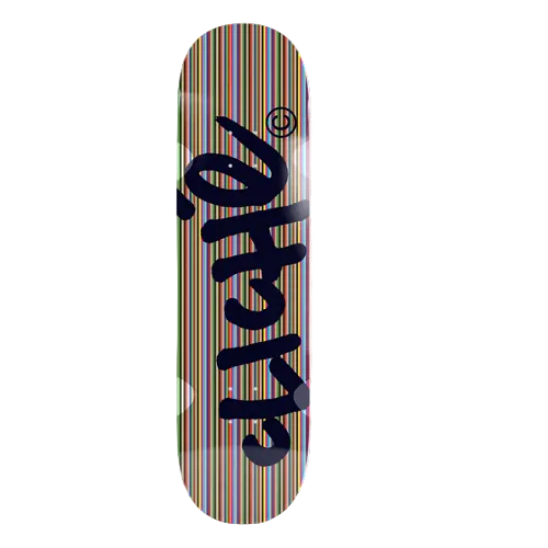 Skateboard deck with colorful striped pattern and black logo on a white background