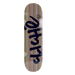 Skateboard deck with colorful striped pattern and black logo on a white background