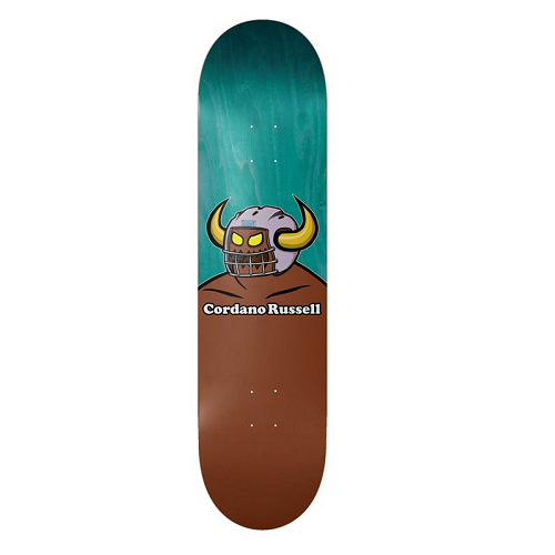 A blue stained Toy Machine skateboard featuring the monster graphic wearing a football helmet and the text Cordano Russell. 