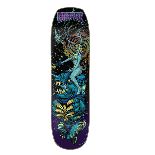A creature skateboard featuring space scene of a female alien riding a space creature and firing a weapon in colors of teal and purple 