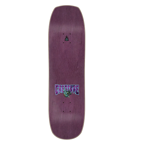 Top of a creature skateboard in purple stain with a creature logo. 