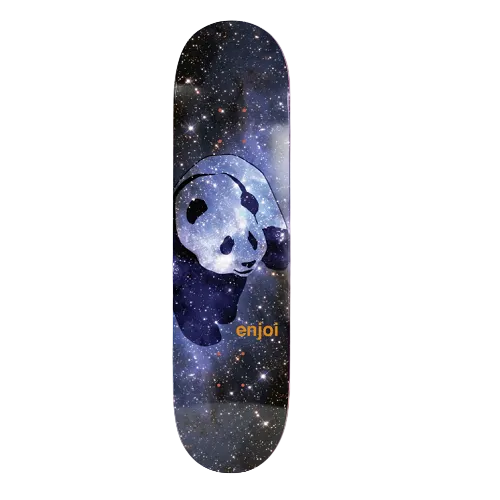 A skateboard deck featuring a panda graphic made of stars and galaxies against a dark space background, with the brand name 'enjoi' printed in orange near the bottom, centered on a coral background.