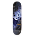 A skateboard deck featuring a panda graphic made of stars and galaxies against a dark space background, with the brand name 'enjoi' printed in orange near the bottom, centered on a coral background.