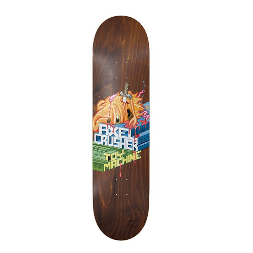 A skateboard deck with a dark brown wood-grain finish, featuring a colorful graphic of Toy Machine sect monster stabbed in the head with sword laying on letters that read Axel Crusher Toy Machine.