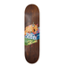 A skateboard deck with a dark brown wood-grain finish, featuring a colorful graphic of Toy Machine sect monster stabbed in the head with sword laying on letters that read Axel Crusher Toy Machine.