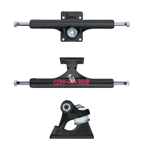 Black skateboard trucks with Heroin Skateboards curb killer graphic. Truck shown from top view, front view and side view. Black truck with text reading curb killer with picture of egg with knife in the eye. 