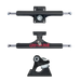 Black skateboard trucks with Heroin Skateboards curb killer graphic. Truck shown from top view, front view and side view. Black truck with text reading curb killer with picture of egg with knife in the eye. 