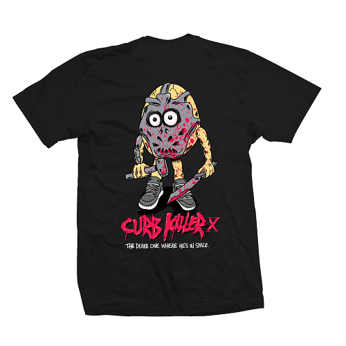 Back of a black Heroin Skatebaords t-shirt featuring their Curb Killer X egg graphic with the text Curb Killer X The Dumb One Where He's In Space. 
