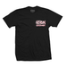 Front of a black Heroin Skateboards tshirt with the text on the front left chest reading Heroin Skateboards in white and red.