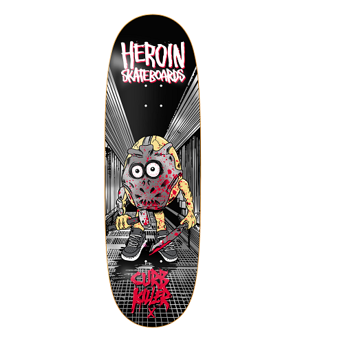 A black and silver Heroin Skateboard featuring an egg man holding a hammer and knife with the bloody text Heroin Skateboards Curb Killer X.
