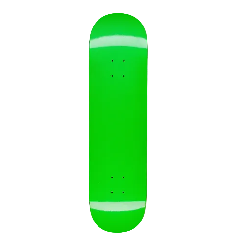 A neon green FA skateboard with an embossed graphic and logo on a white background. 
