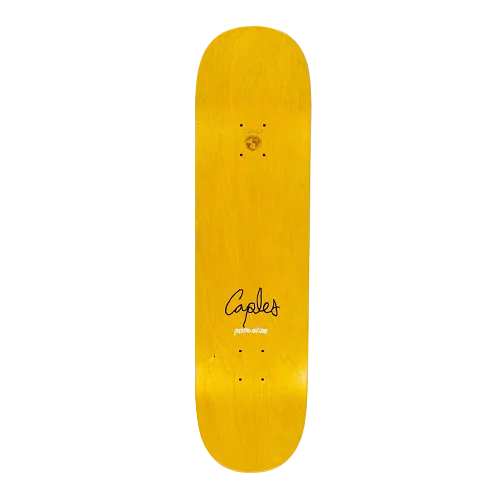 Top of a FA skateboard in yellow stain with the text Caples and Fucking Awesome on a white background. 