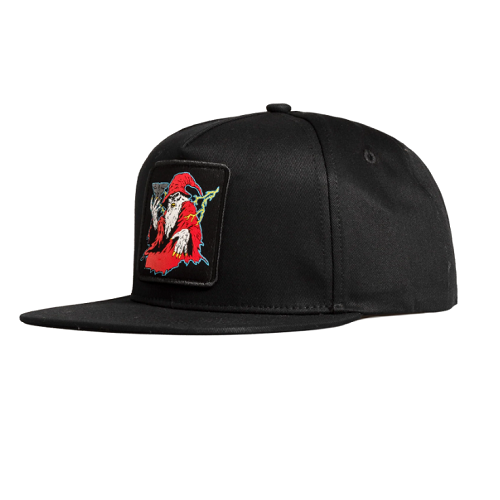A black flat-brim snapback cap featuring a rectangular embroidered patch on the front with a stylized red, white, and green wizard.