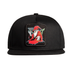 A black flat-brim snapback cap featuring a square embroidered patch on the front with a wizard character in a red robe holding a staff.