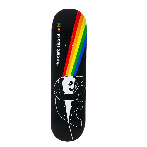 A skateboard deck featuring the 'The Dark Side of Enjoi' design, with a black background, a panda and a vibrant rainbow arch. 