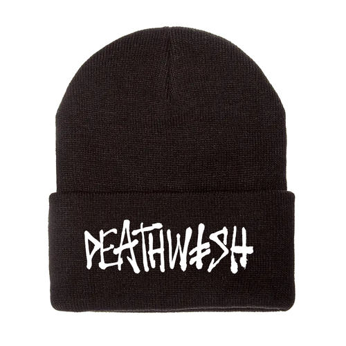 A black Deathwish beanie with their deathspray logo embroidered in white.