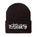 A black Deathwish beanie with their deathspray logo embroidered in white.