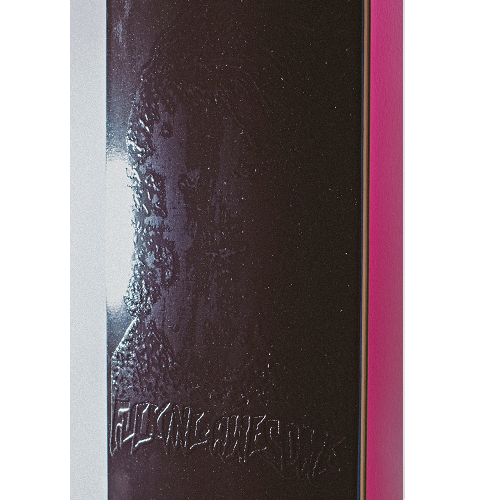 A close up picture of a black FA skateboard with an embossed graphic and logo on a white background. 