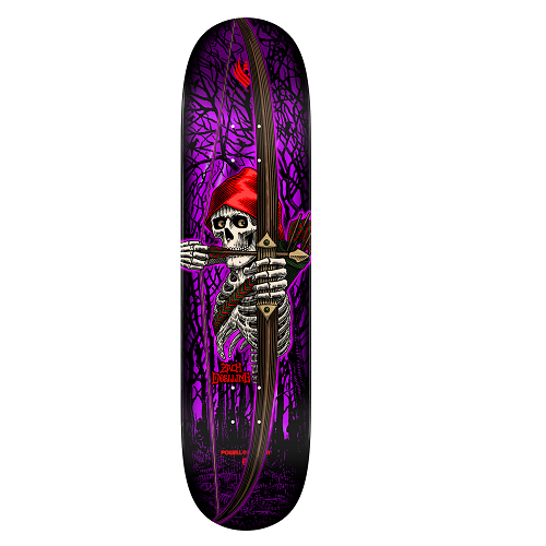 A skateboard deck featuring a graphic illustration of an archer skeleton wearing a red hat and holding a bow and arrow, set against a background of purple bare trees on a white background.