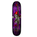 A skateboard deck featuring a graphic illustration of an archer skeleton wearing a red hat and holding a bow and arrow, set against a background of purple bare trees on a white background.