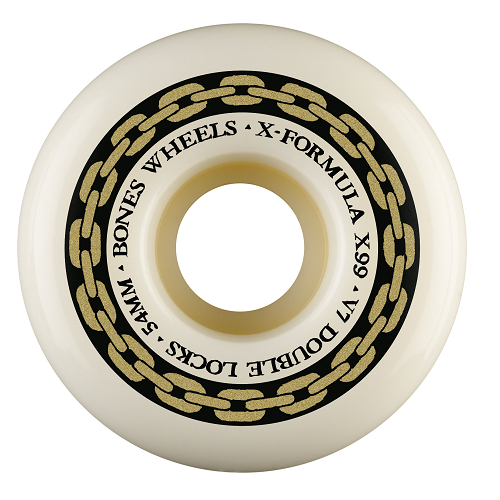 A single skateboard wheel from Bones Wheels X-Formula in off-white, featuring a black and gold chain graphic on the side with text detailing the model and specifications.