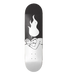 A skateboard deck shown vertically against a solid black background, featuring a black and white graphic design with a stylized flame and  sleeping figures.