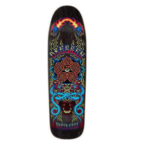 A black Santa Cruz Eric Dressen skateboard featuring a mash up graphic of roses, thorns, faces and snakes in blue, yellow and red on a white background. 