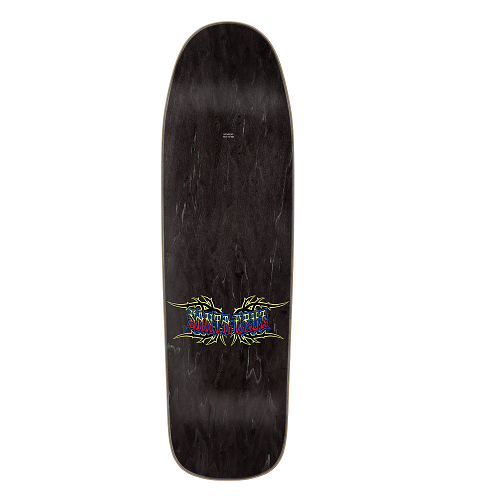 Top of a Santa Cruz skateboard in black stain with a Santa Cruz logo surrounded in thorns on a white background. 
